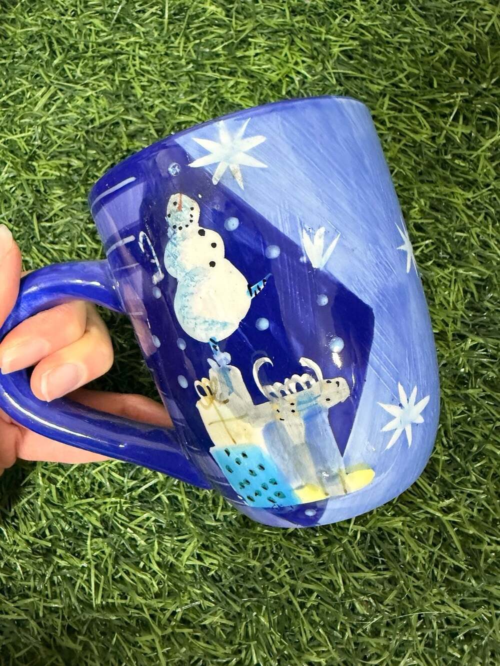 Sakura Twinkle Zulauf Design Snowman With Packages Tall Ceramic Mug Blue